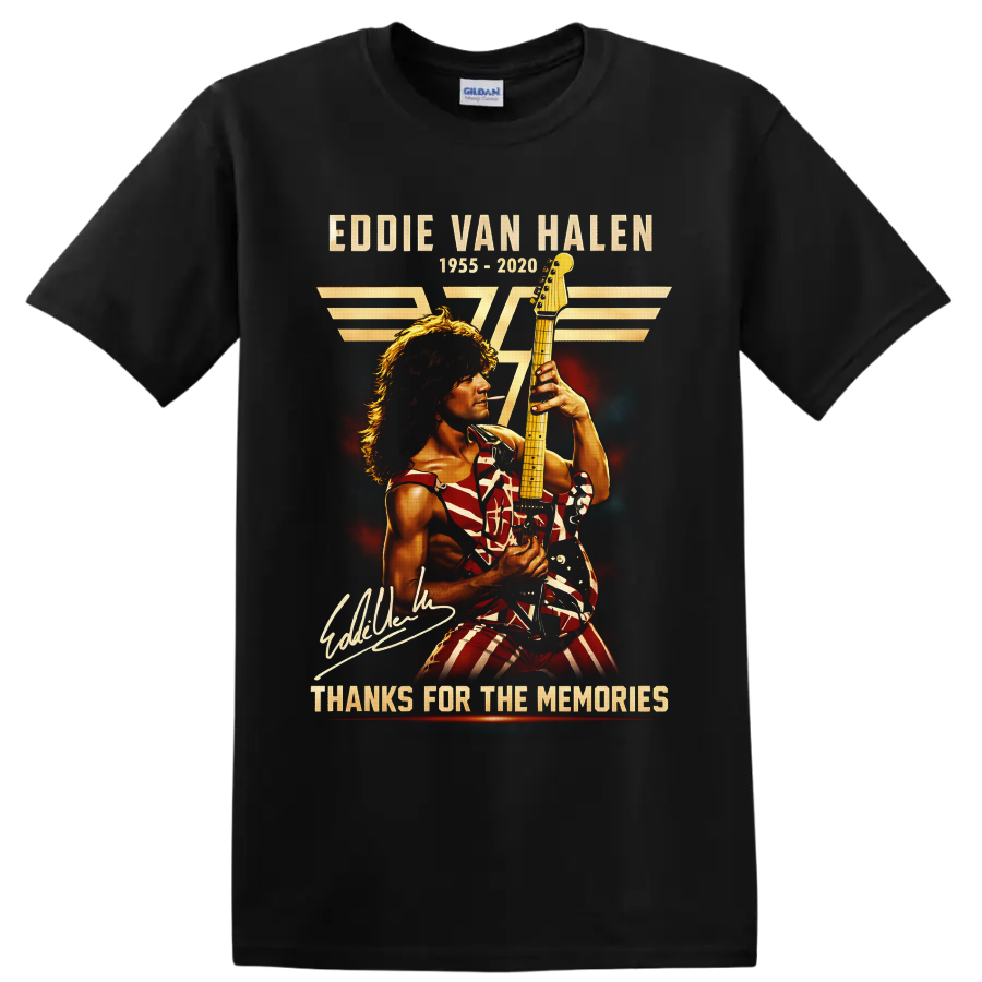 Eddie Van Halen memorial guitarist graphic with 1955–2020 and Thanks for the Memories on a Black T Shirt