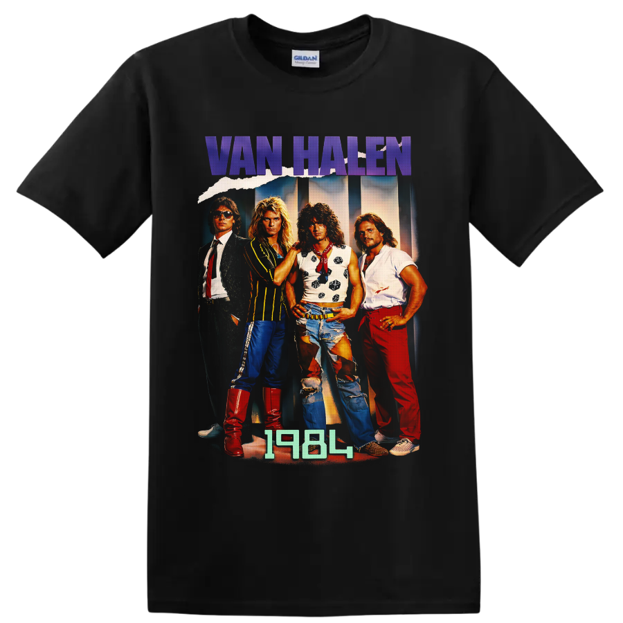 Van Halen 1984-era four-member rock band portrait with purple logo lettering on a Black T Shirt