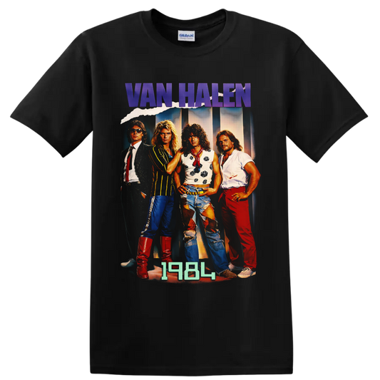 Van Halen 1984-era four-member rock band portrait with purple logo lettering on a Black T Shirt
