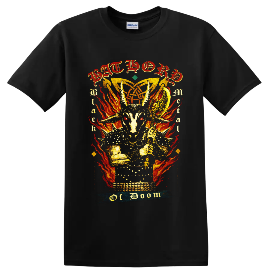 Bathory goat skull warrior with flames, occult knotwork, and gothic lettering on a Black T Shirt