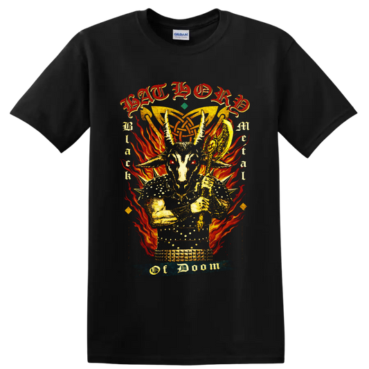 Bathory goat skull warrior with flames, occult knotwork, and gothic lettering on a Black T Shirt