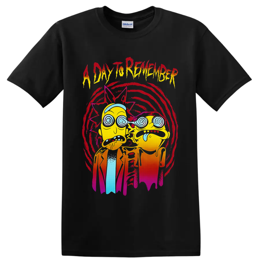 Rick and Morty trippy cartoon art with A Day To Remember distressed lettering on a Black T Shirt