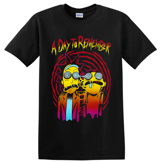 Rick and Morty trippy cartoon art with A Day To Remember distressed lettering on a Black T Shirt