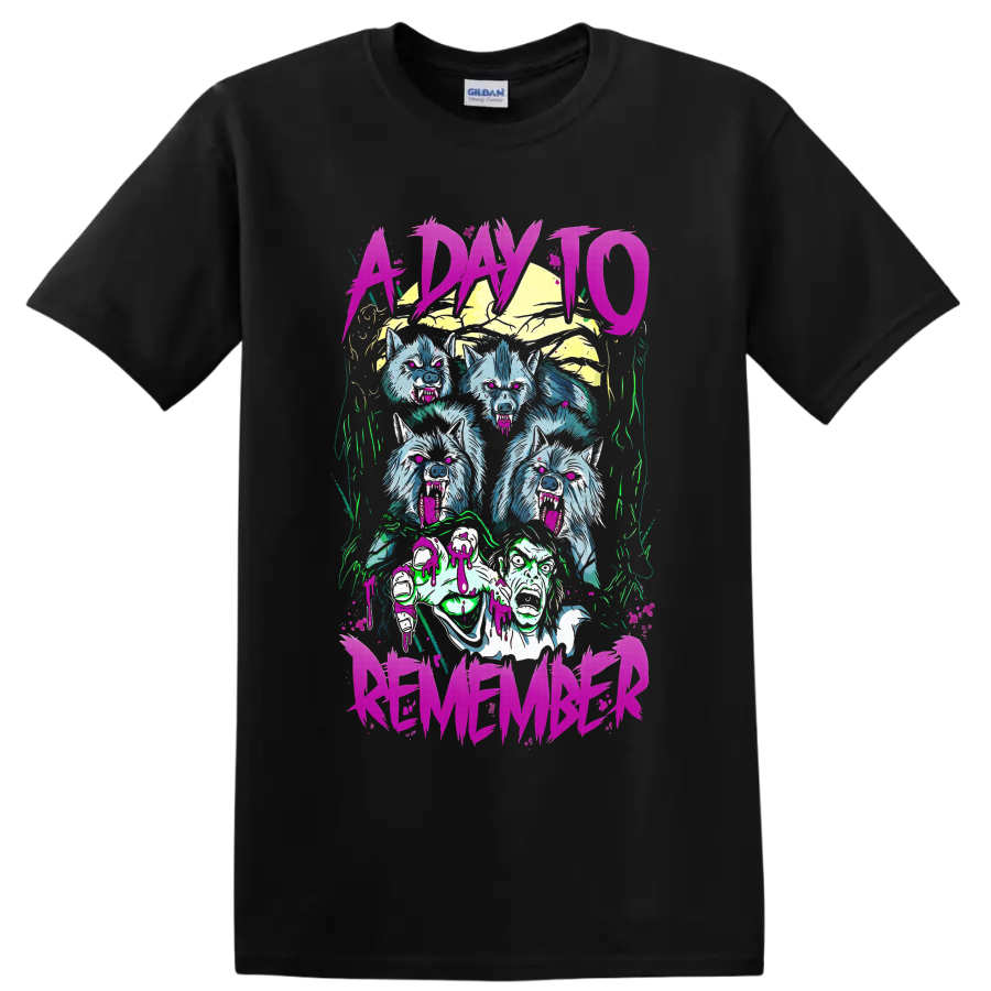 A Day To Remember neon horror graphic with snarling wolves, screaming faces, and pink on a Black T Shirt