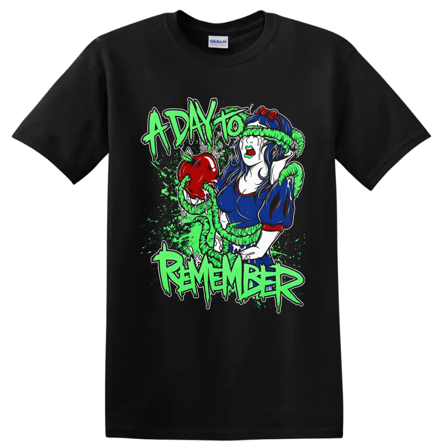 Snow White with red apple and green coils in A Day To Remember metalcore art on a Black T Shirt