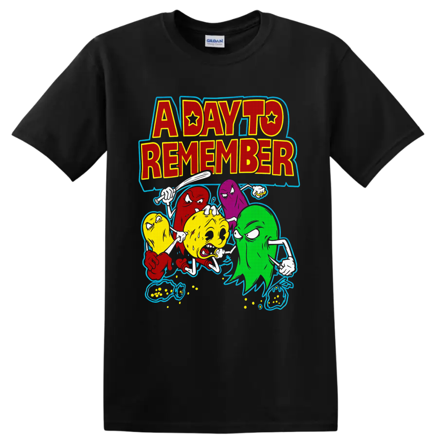 A Day To Remember lettering with colorful cartoon ghosts and distressed music art on a Black T Shirt