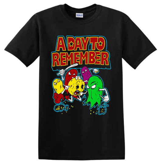 A Day To Remember lettering with colorful cartoon ghosts and distressed music art on a Black T Shirt