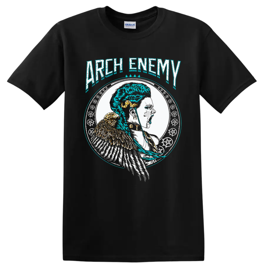 Arch Enemy Alissa White-Gluz warrior portrait with eagle and distressed gothic art on a Black T Shirt