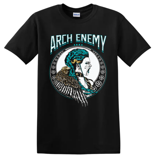 Arch Enemy Alissa White-Gluz warrior portrait with eagle and distressed gothic art on a Black T Shirt