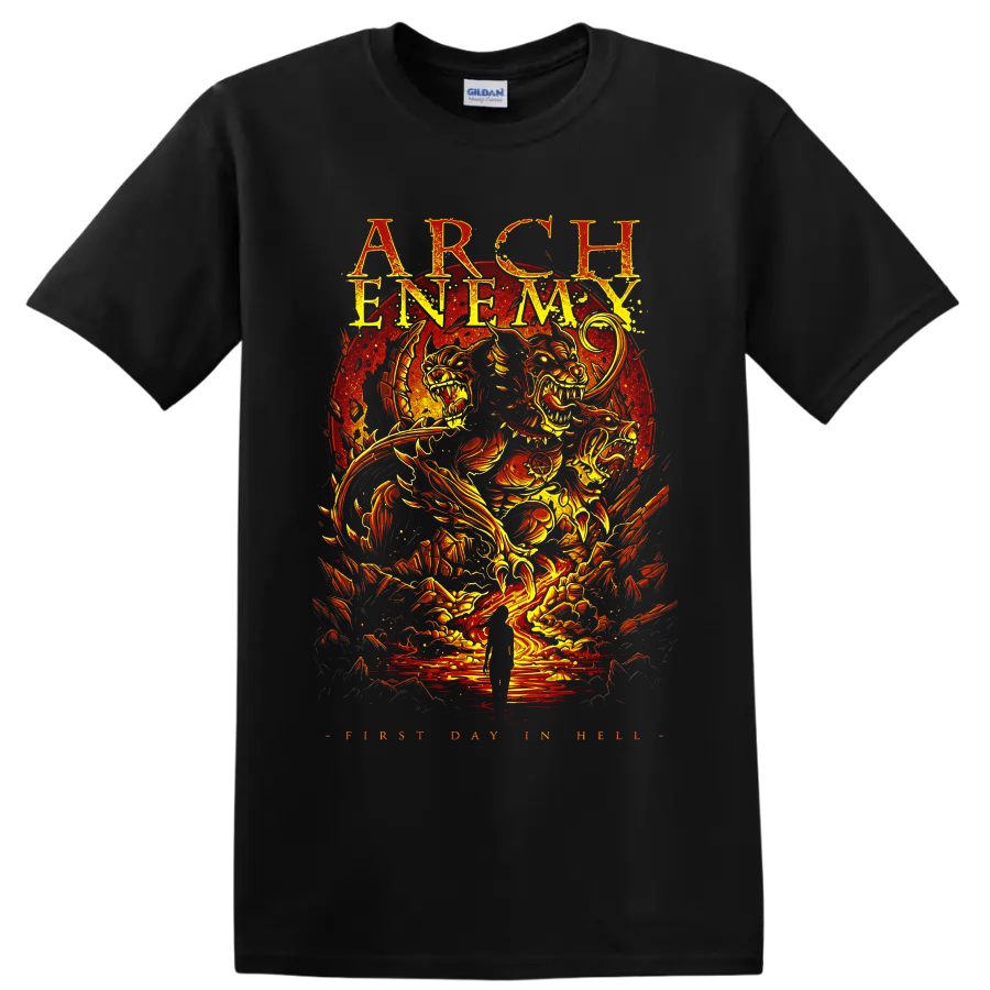 Arch Enemy First Day in Hell fiery skull creatures and distressed metal concert art on a Black T Shirt