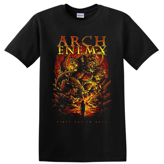 Arch Enemy First Day in Hell fiery skull creatures and distressed metal concert art on a Black T Shirt