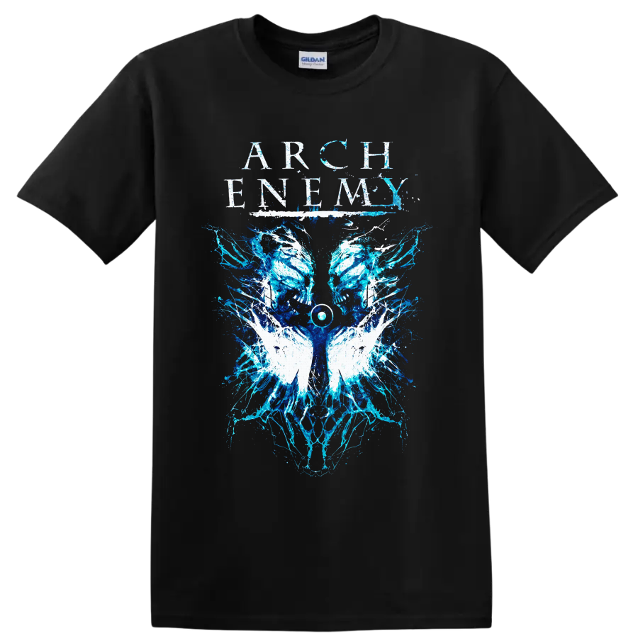 Arch Enemy distressed lettering above mirrored blue skulls, white wings, and electric on a Black T Shirt