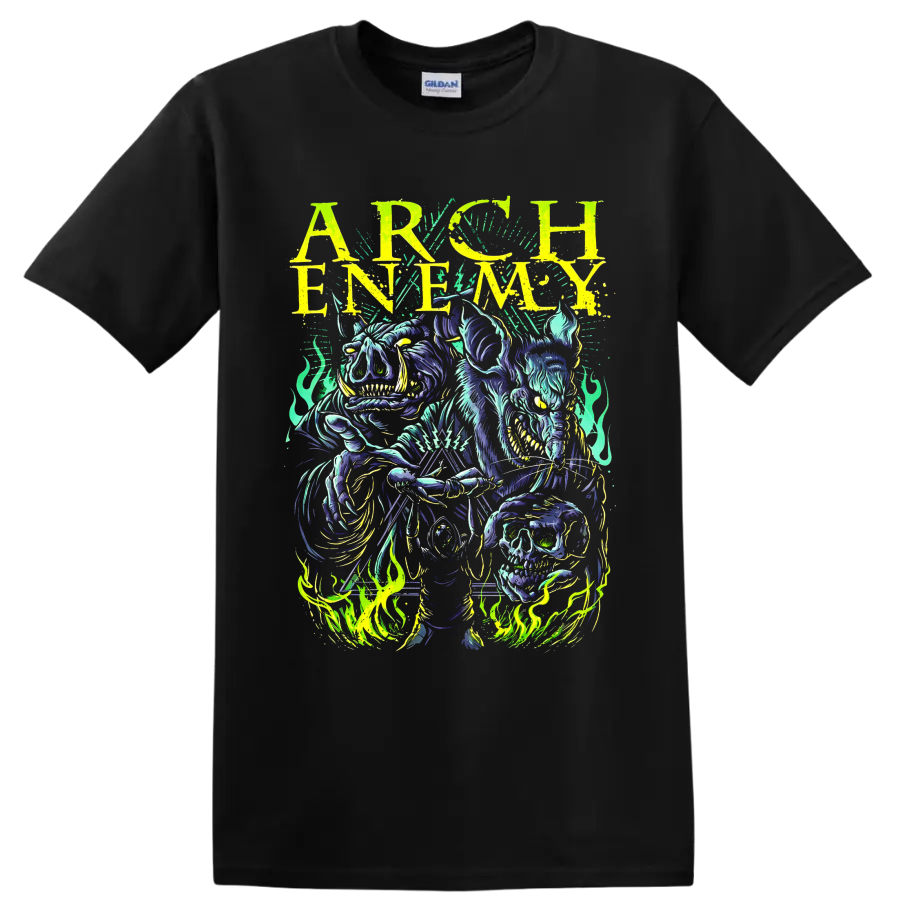 Arch Enemy neon horned skeleton, skull, flames, and distressed lettering graphic on a Black T Shirt