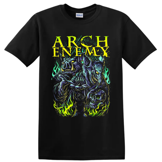 Arch Enemy neon horned skeleton, skull, flames, and distressed lettering graphic on a Black T Shirt