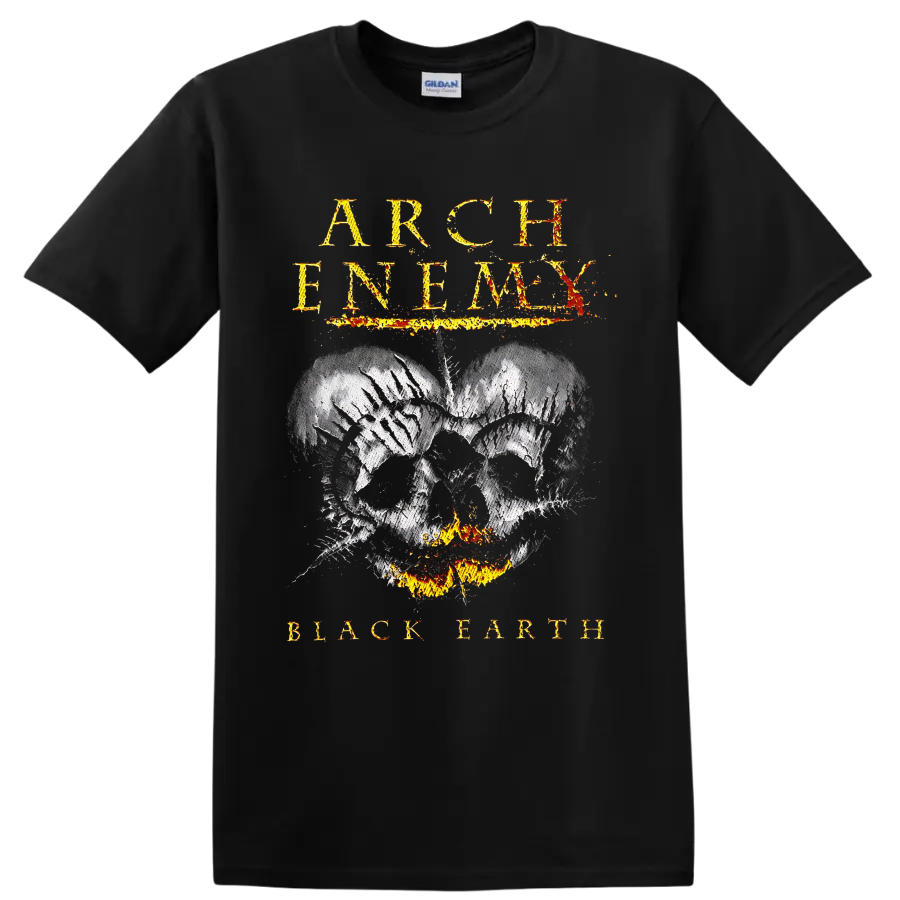 Arch Enemy Black Earth distressed skull with flames and fiery gothic lettering on a Black T Shirt