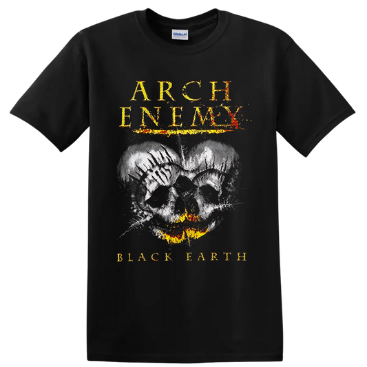 Arch Enemy Black Earth distressed skull with flames and fiery gothic lettering on a Black T Shirt