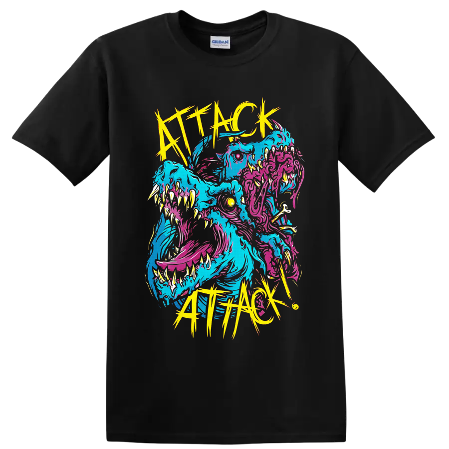Attack Attack! neon multi-headed monster in cyan, pink, and yellow jagged horror art on a Black T Shirt