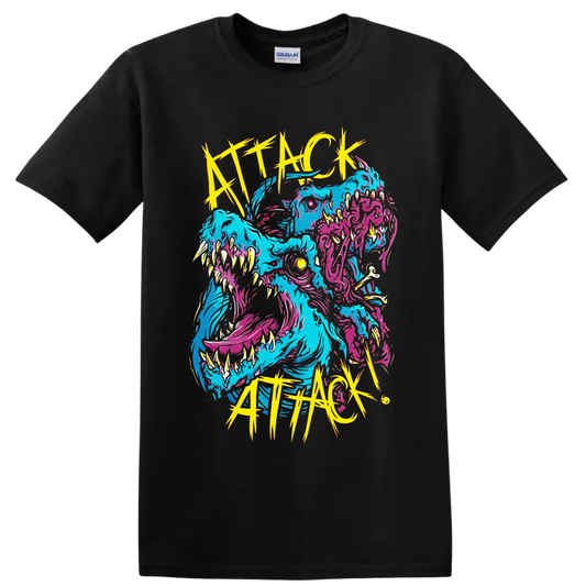 Attack Attack! neon multi-headed monster in cyan, pink, and yellow jagged horror art on a Black T Shirt