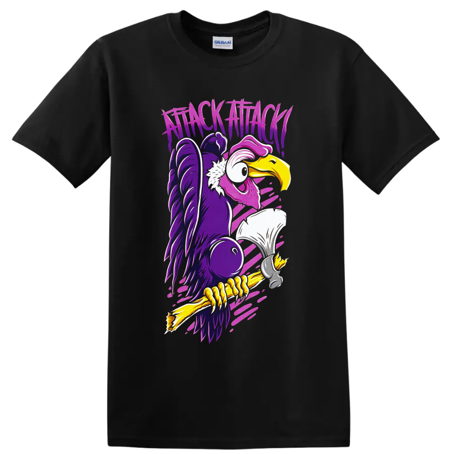 Attack Attack neon cartoon vulture with jagged lettering and pink motion streaks on a Black T Shirt