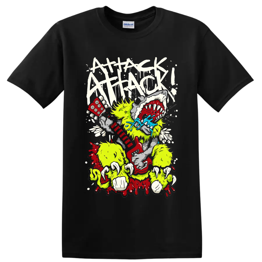 Attack Attack! neon monster holding red dice with teeth, blue splash, and paint drips on a Black T Shirt
