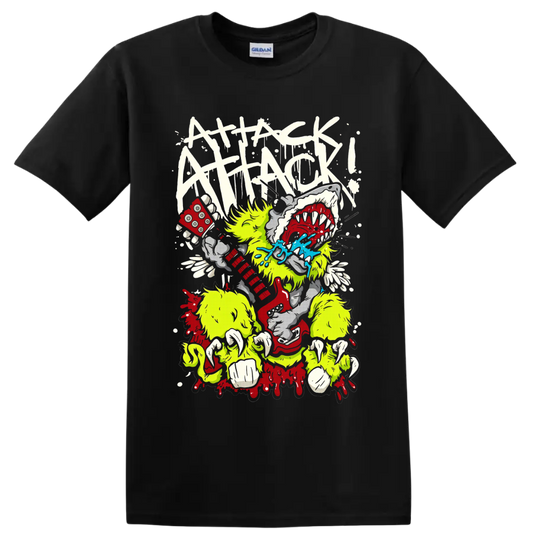 Attack Attack! neon monster holding red dice with teeth, blue splash, and paint drips on a Black T Shirt
