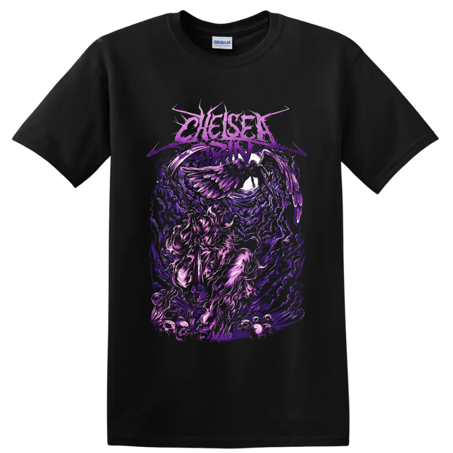 Chelsea Grin gothic winged angel with ornate purple clouds and flame-like artwork on a Black T Shirt