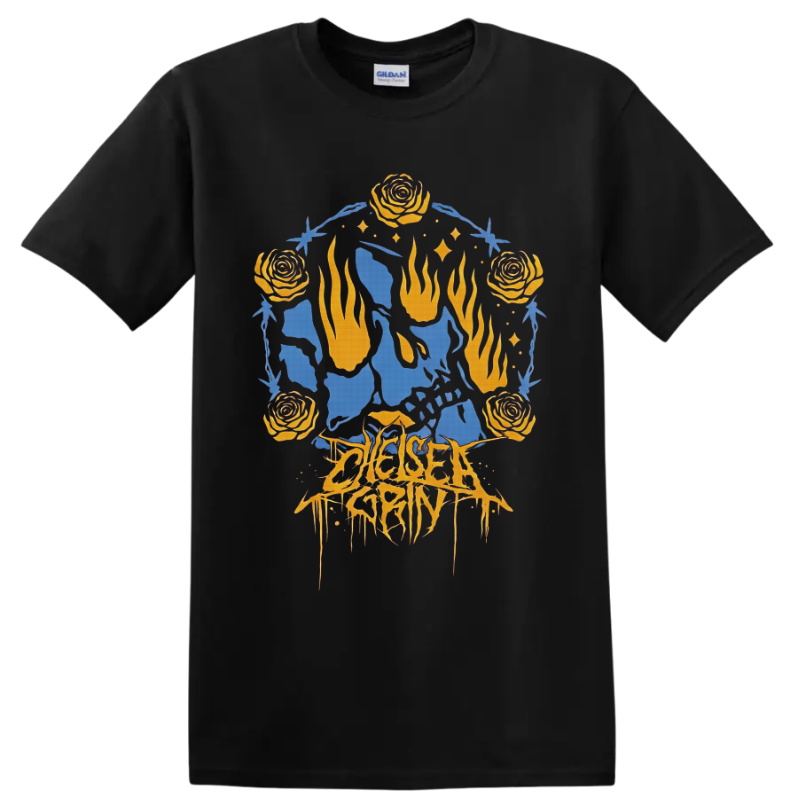 Chelsea Grin gothic graphic with orange roses, flames, blue figures, and thorny frame on a Black T Shirt