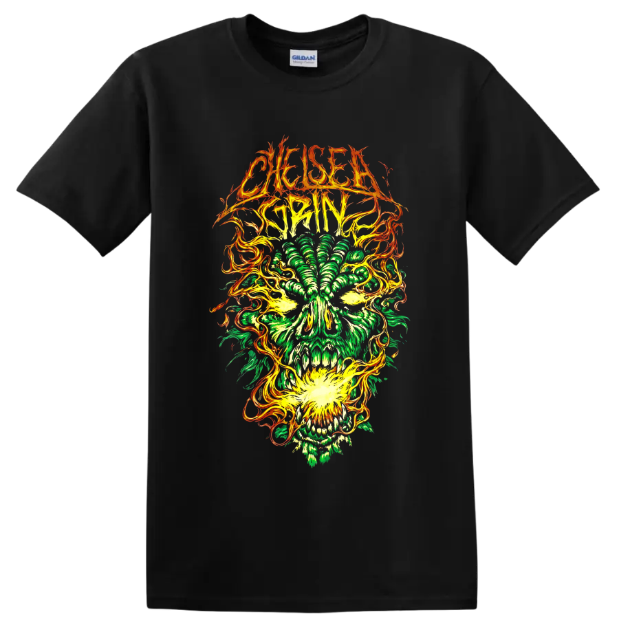 Chelsea Grin thorned logo above neon green skull with swirling orange flame artwork on a Black T Shirt