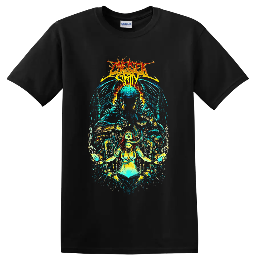 Chelsea Grin logo above psychedelic demon goddess, skeletal forms, flames, and waves on a Black T Shirt