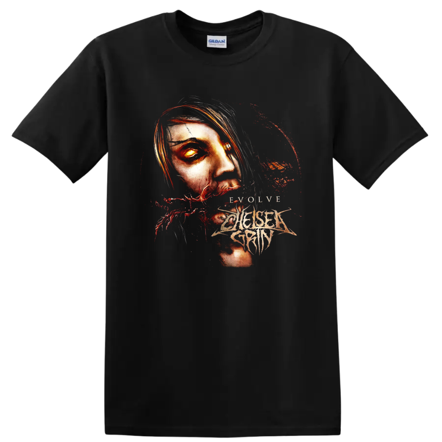 Chelsea Grin Evolve gothic face artwork with glowing eye, red splatters, and sharp logo on a Black T Shirt