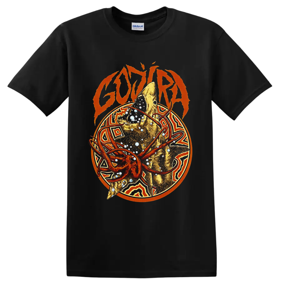 Gojira logo above a golden fish with orange orbital rings, bubbles, and geometric art on a Black T Shirt