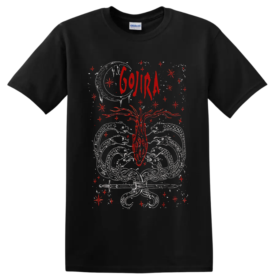 Gojira sacred heart with moon, wings, stars, and red gothic celestial linework on a Black T Shirt