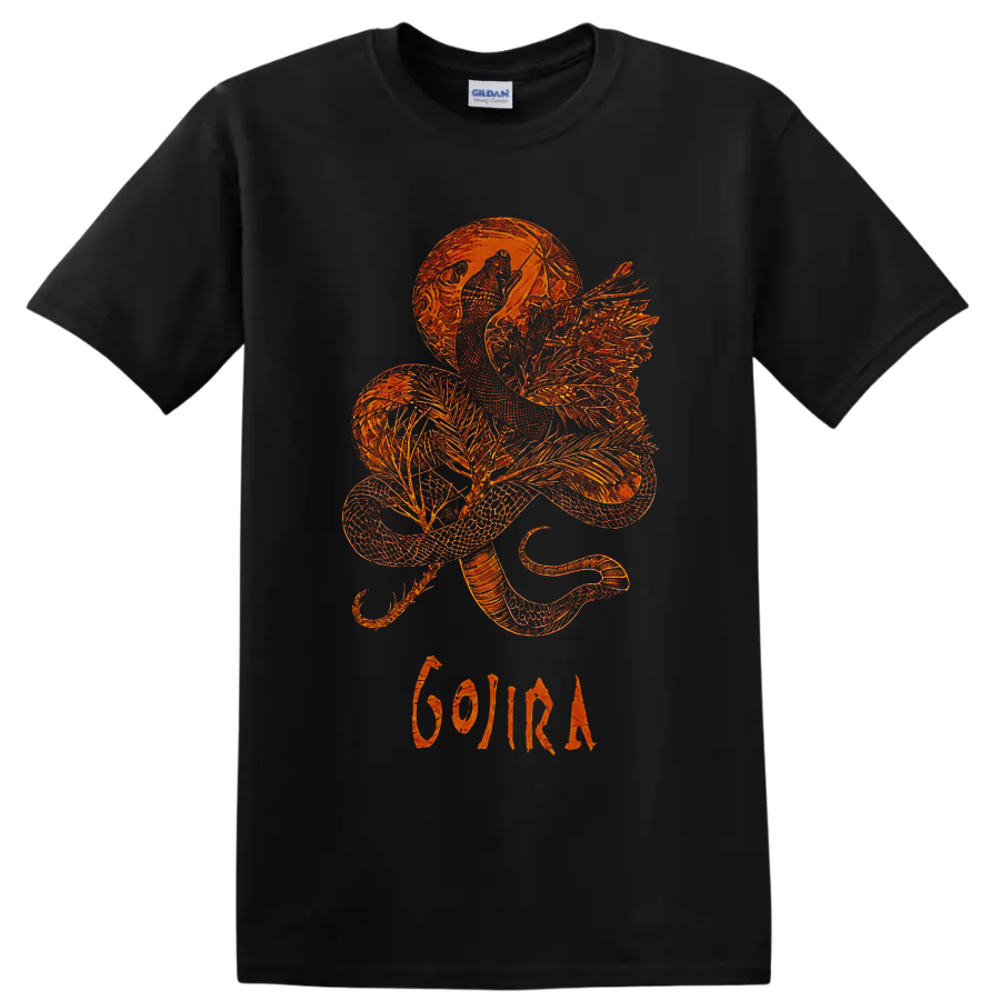 Orange winged dragon beneath a moon with Gojira lettering in intricate fantasy line art on a Black T Shirt