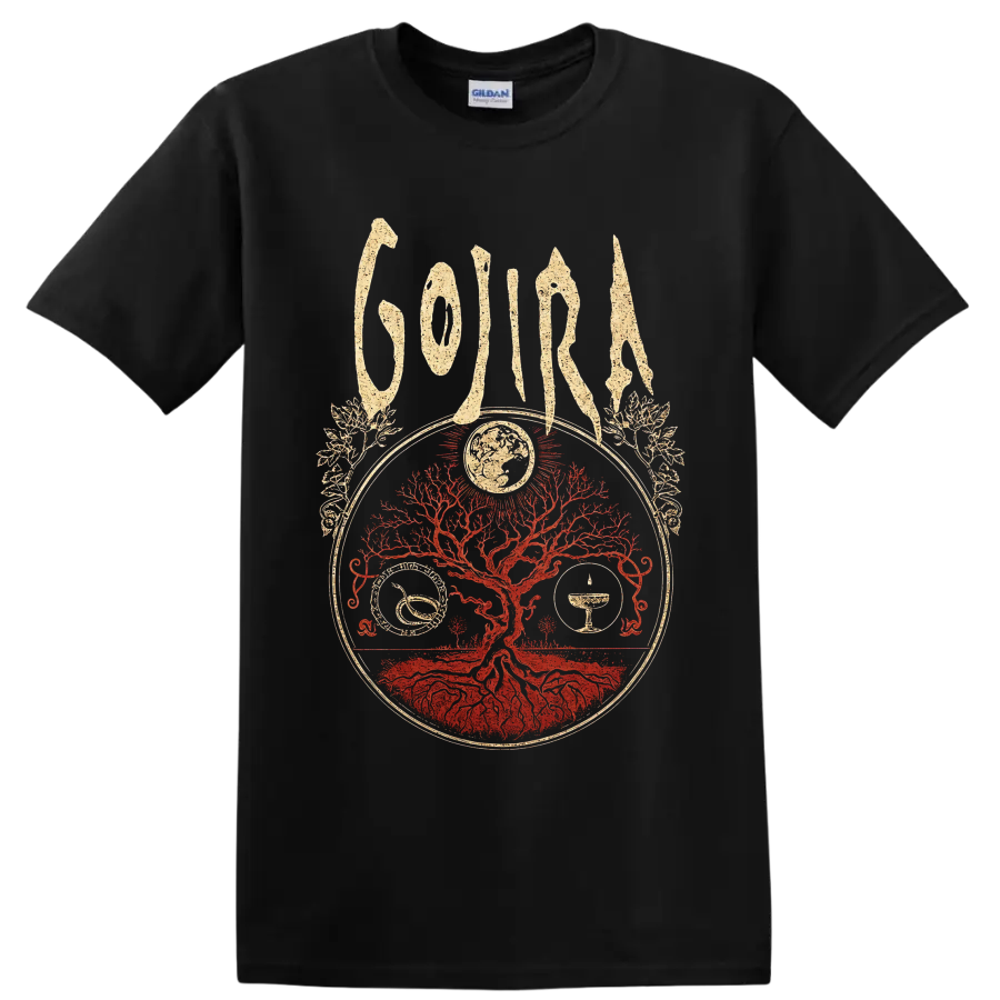 Gojira Tree of Life design with red rooted tree, globe, symbols, and distressed lettering on a Black T Shirt