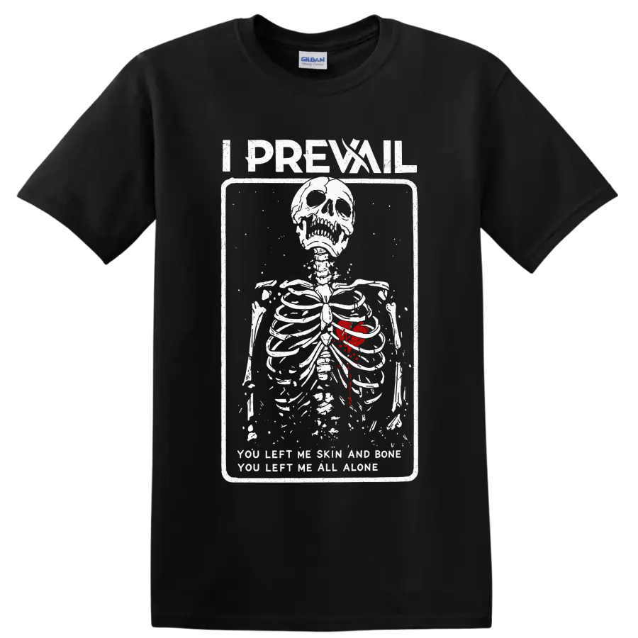 I Prevail skeleton with red heart and distressed Alone lyric graphic on a Black T Shirt