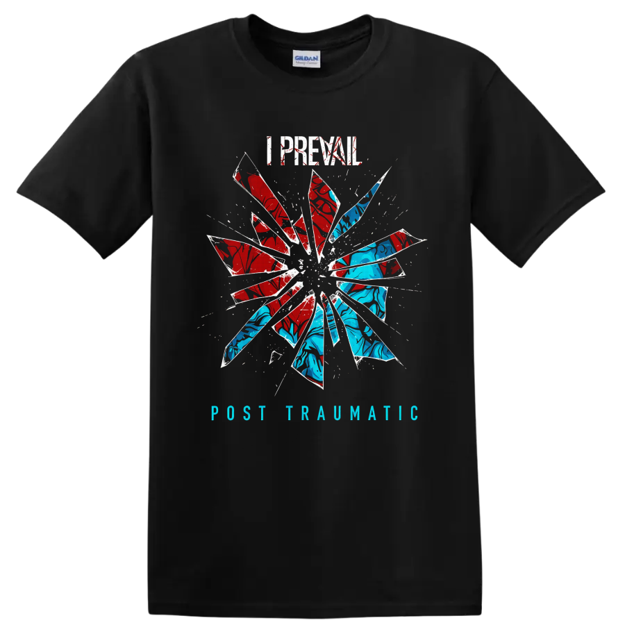 I Prevail Post Traumatic distressed text with red and blue shattered-glass burst on a Black T Shirt