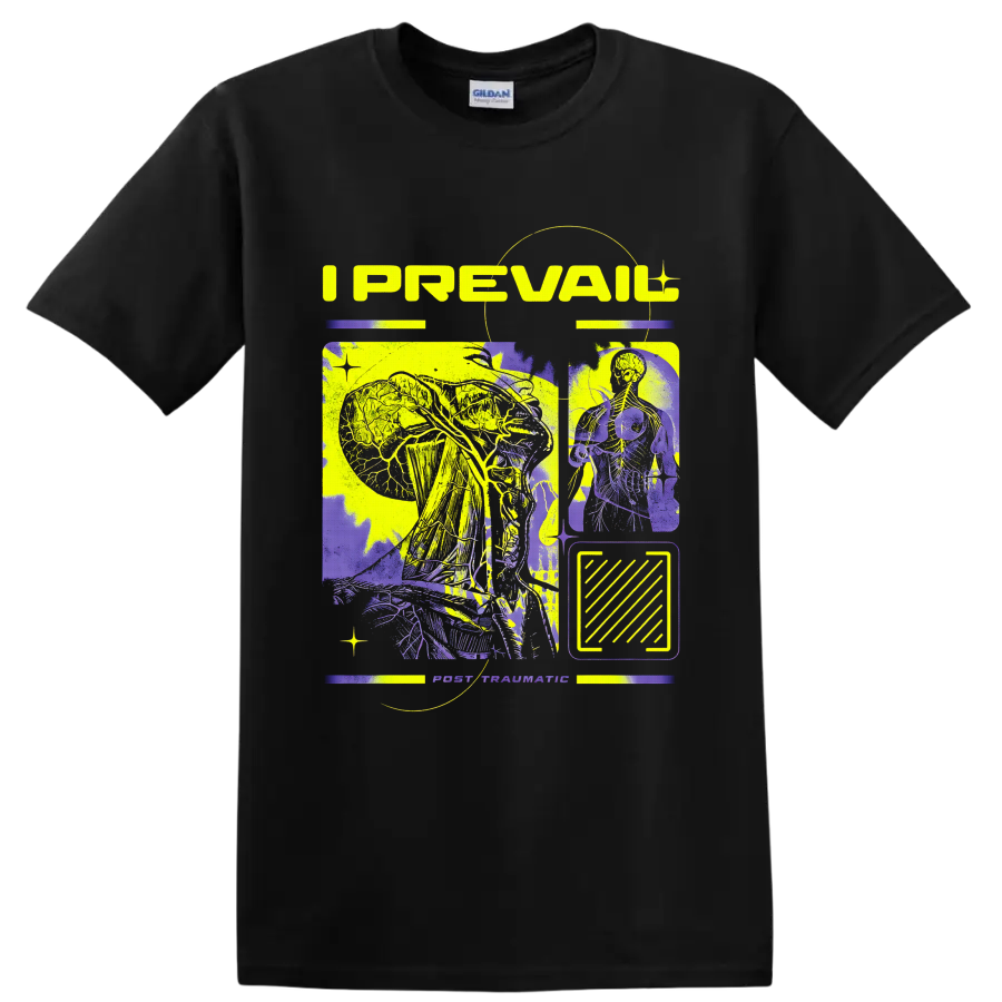 I Prevail Post Traumatic neon anatomy collage with skeletal figures and abstract panels on a Black T Shirt