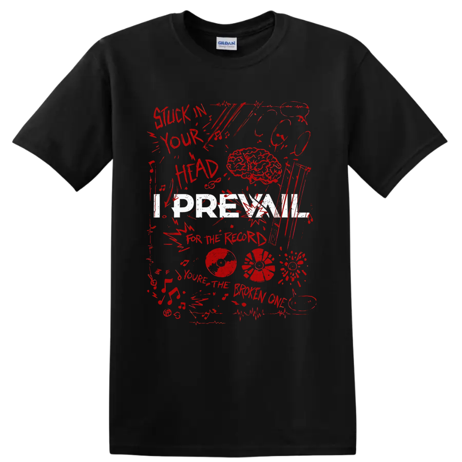 I Prevail inspired distressed brain, vinyl records, music notes, and red collage on a Black T Shirt