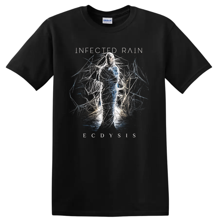 Infected Rain Ecdysis abstract figure wrapped in white and blue thread-like lines on a Black T Shirt