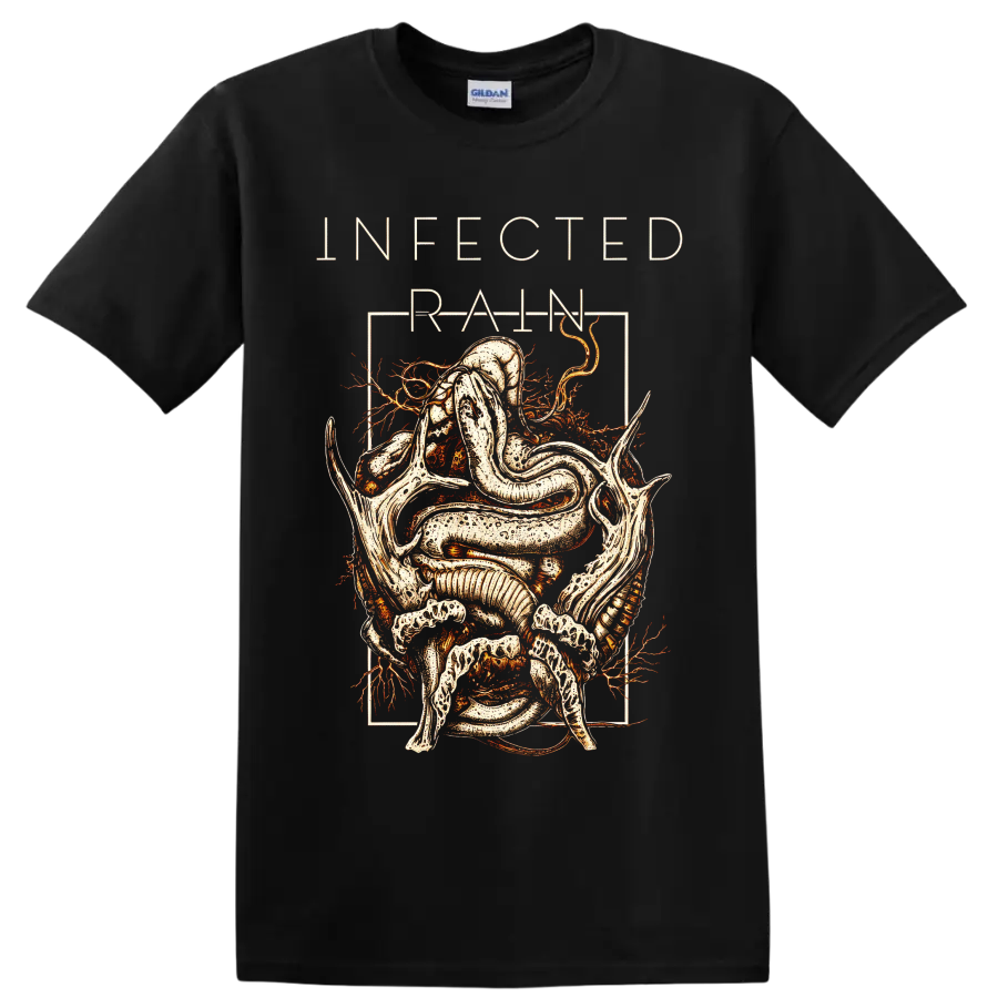 Infected Rain serpent and skeletal figure in distressed gothic line art on a Black T Shirt