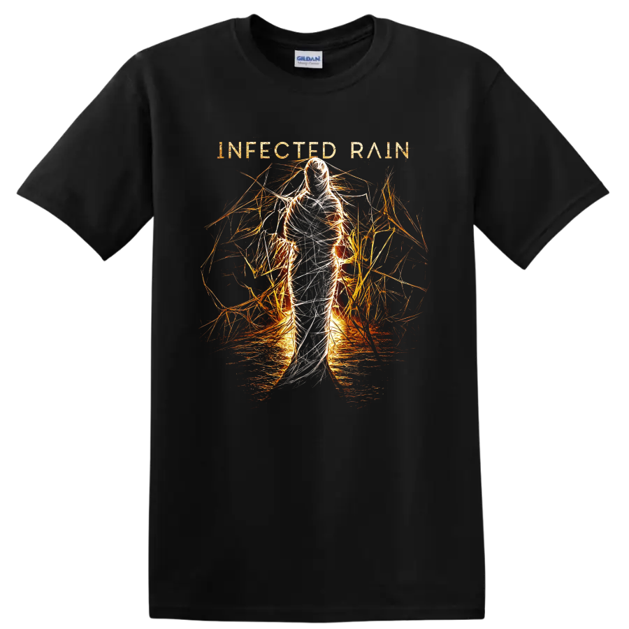 Infected Rain Ecdysis fire figure with white threads and fiery abstract linework on a Black T Shirt
