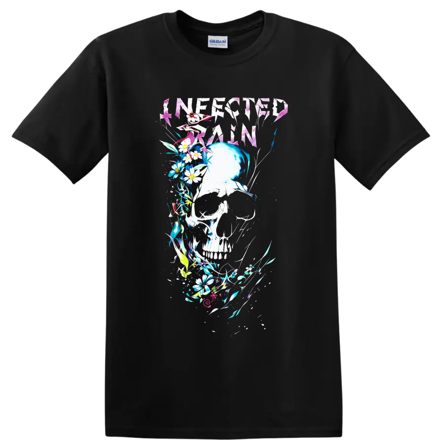 Infected Rain distressed logo above a floral skull with vivid abstract botanical accents on a Black T Shirt