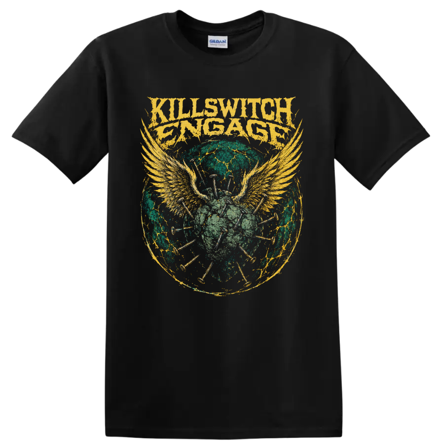 Killswitch Engage distressed logo with winged skull, nails, and cracked circular artwork on a Black T Shirt