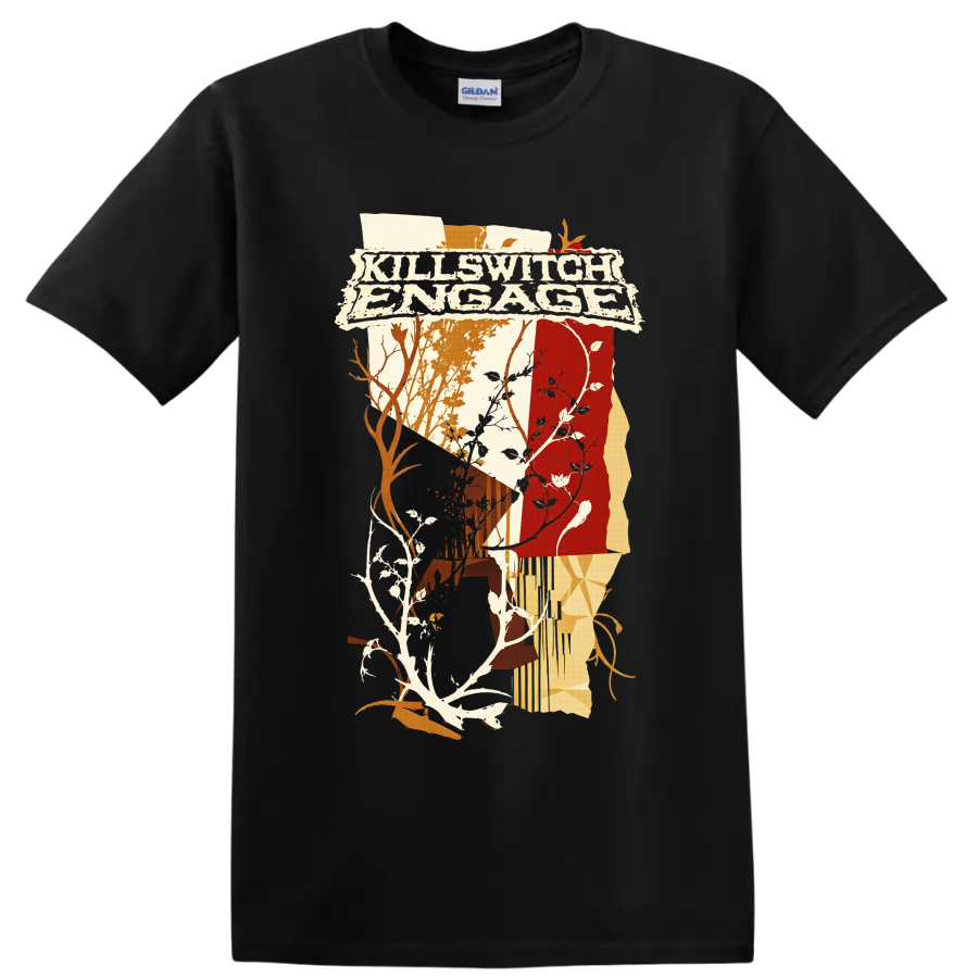 Killswitch Engage distressed logo with abstract woodland branches, vines, and warm on a Black T Shirt