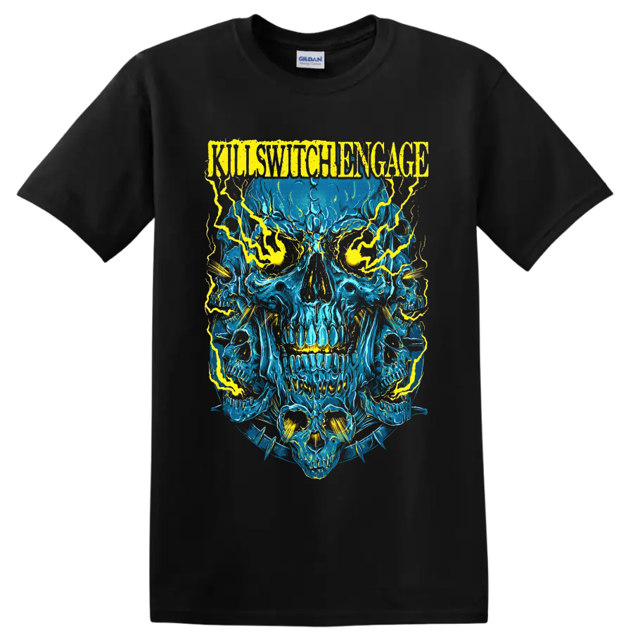 Killswitch Engage distressed logo above electric-blue skulls with yellow lightning on a Black T Shirt