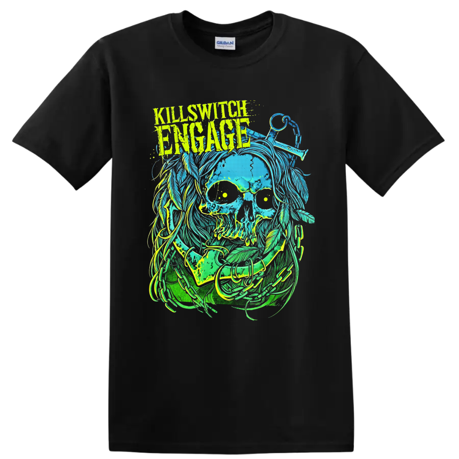 Killswitch Engage distressed skull with flowing hair, scissors, and neon metal artwork on a Black T Shirt
