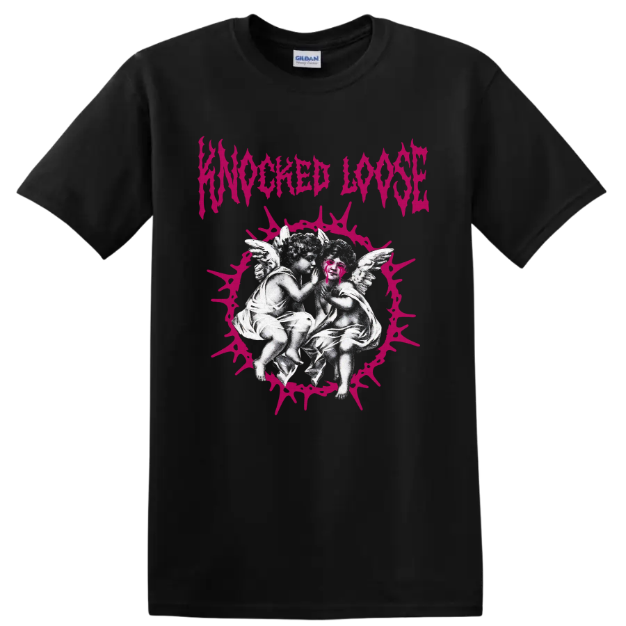Knocked Loose gothic angel artwork with hot-pink thorn halo and jagged wordmark on a Black T Shirt
