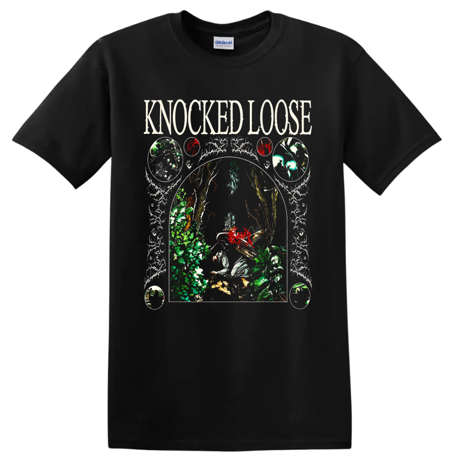 Knocked Loose gothic botanical skull and skeletal arch graphic on a Black T Shirt