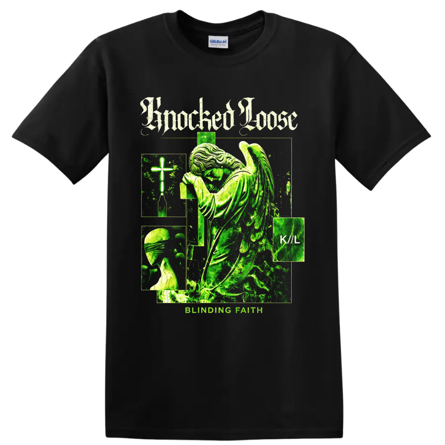Knocked Loose Blinding Faith gothic collage with winged figure, cross, and K//L text on a Black T Shirt
