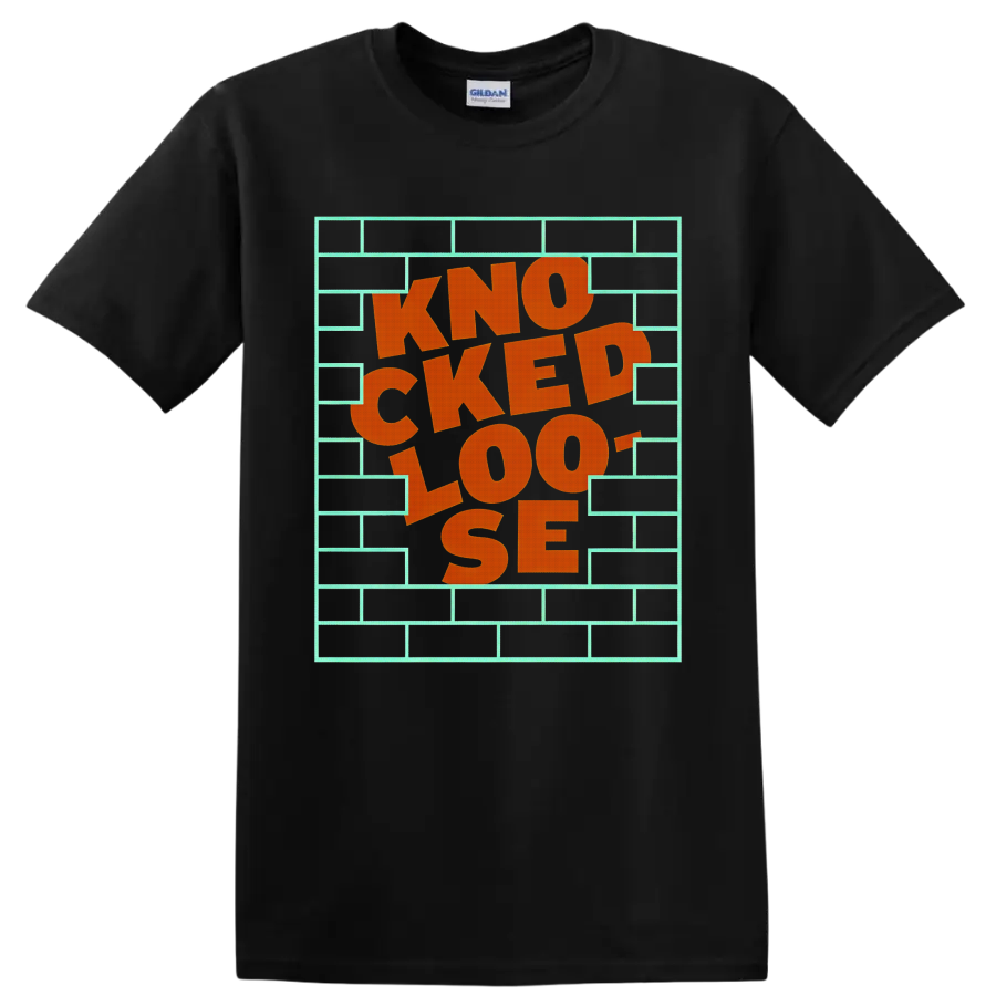Knocked Loose The Wall orange lettering inside a mint brick wall frame on a Black T Shirt